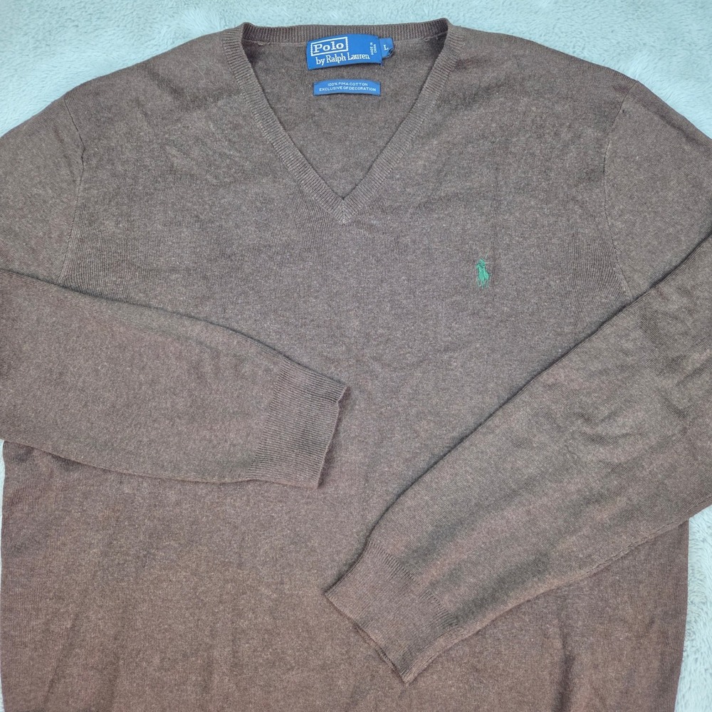 Polo Ralph Lauren V-Neck Sweater Mens L Pima Cotton Pony Logo Pullover Brown